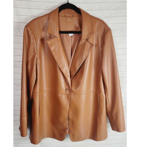 CHICO'S FAUX LEATHER BLAZER IN CAMEL, SZ 3/XL - Picture 1 of 16